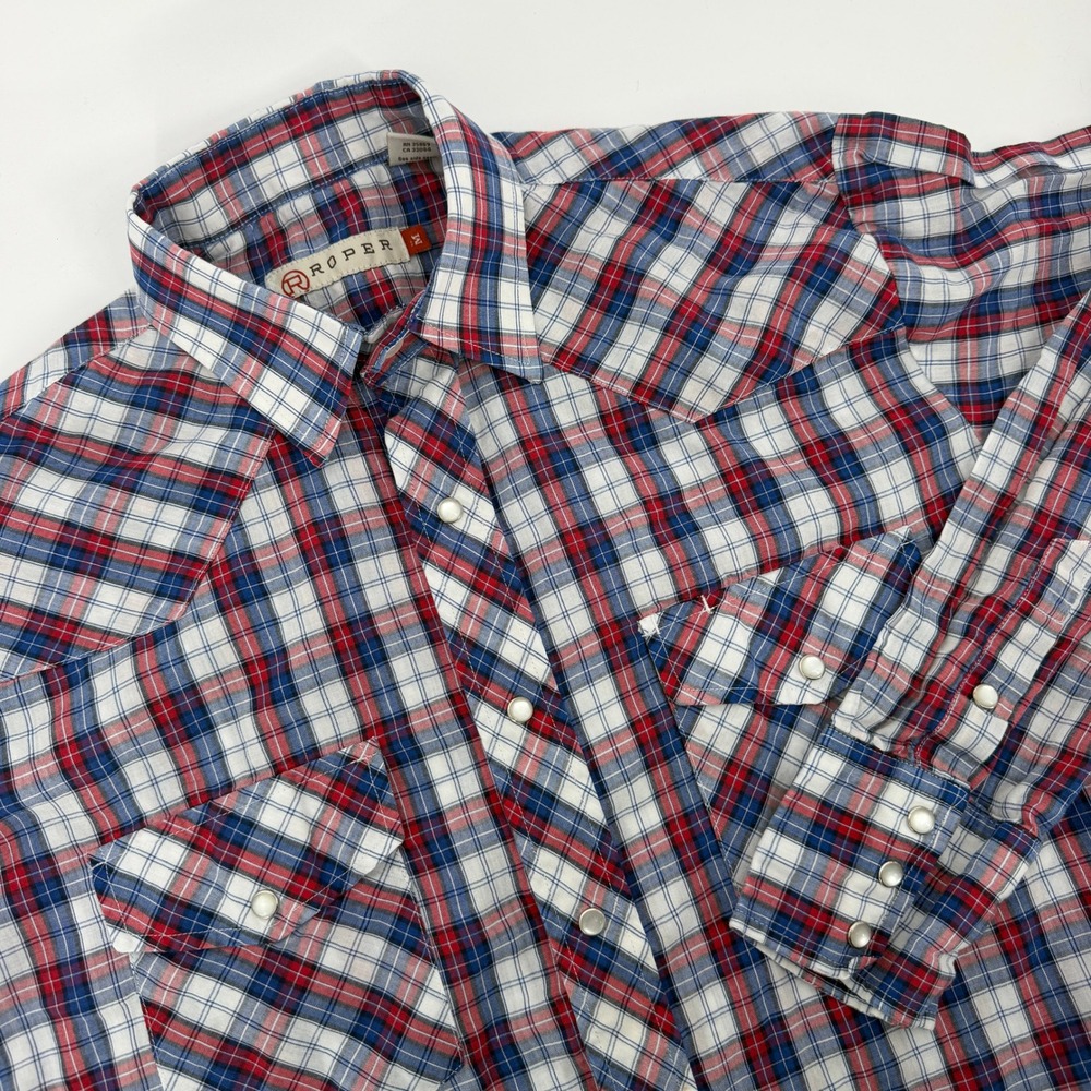 Roper Mens Red White Blue Plaid Western Pearl Snap Shirt Medium 03-001-0278-0245